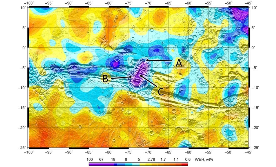 Карта Valles Marineris, показывающая концентрации воды