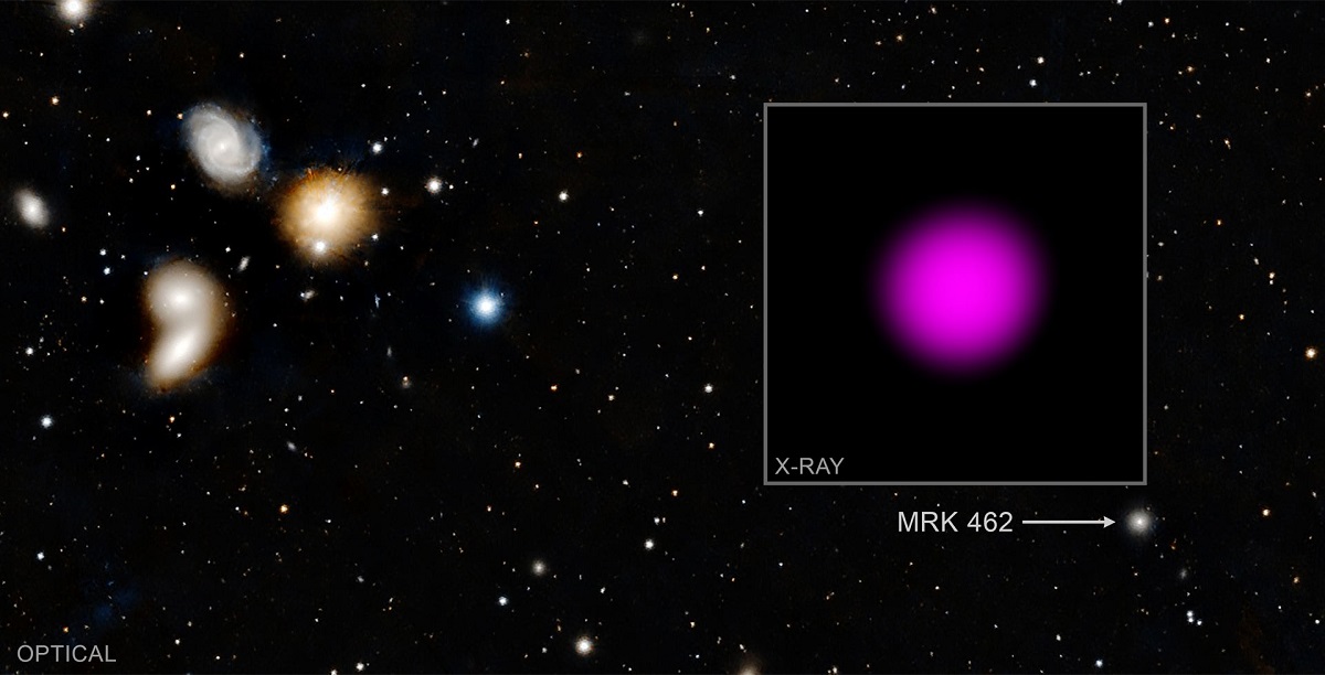 На этом рисунке показаны рентгеновские лучи, полученные обсерваторией НАСА «Чандра» от карликовой галактики Mrk 462