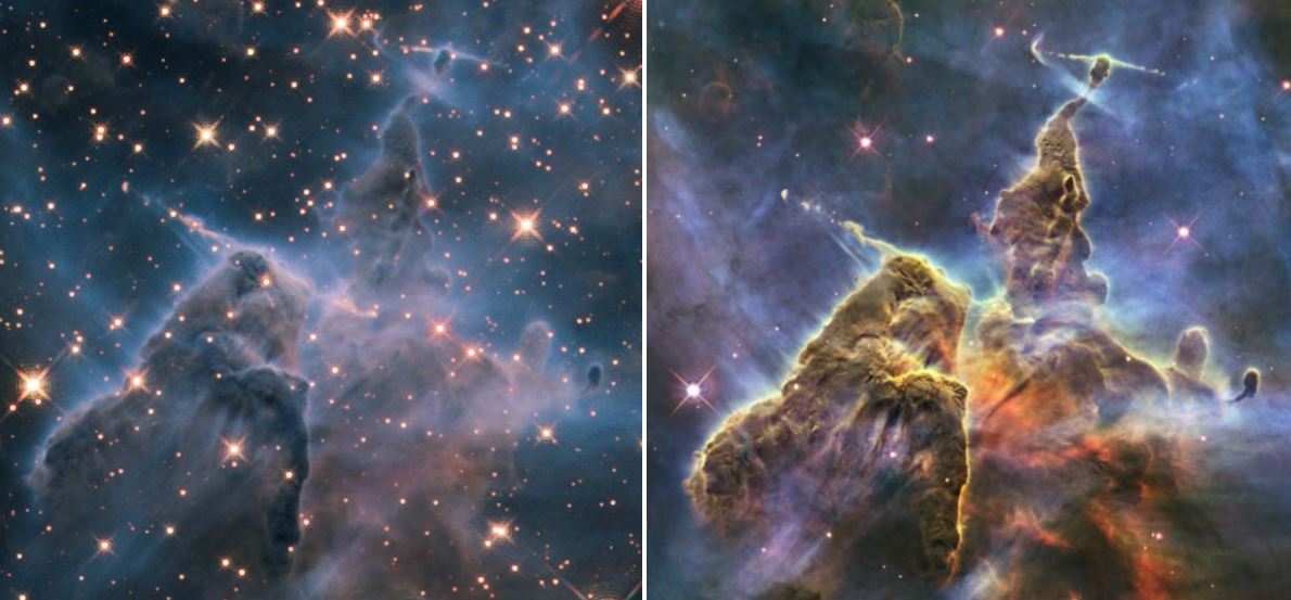 Сравнение туманности Киля в видимом свете (левое изображение) и инфракрасном (правое изображение)