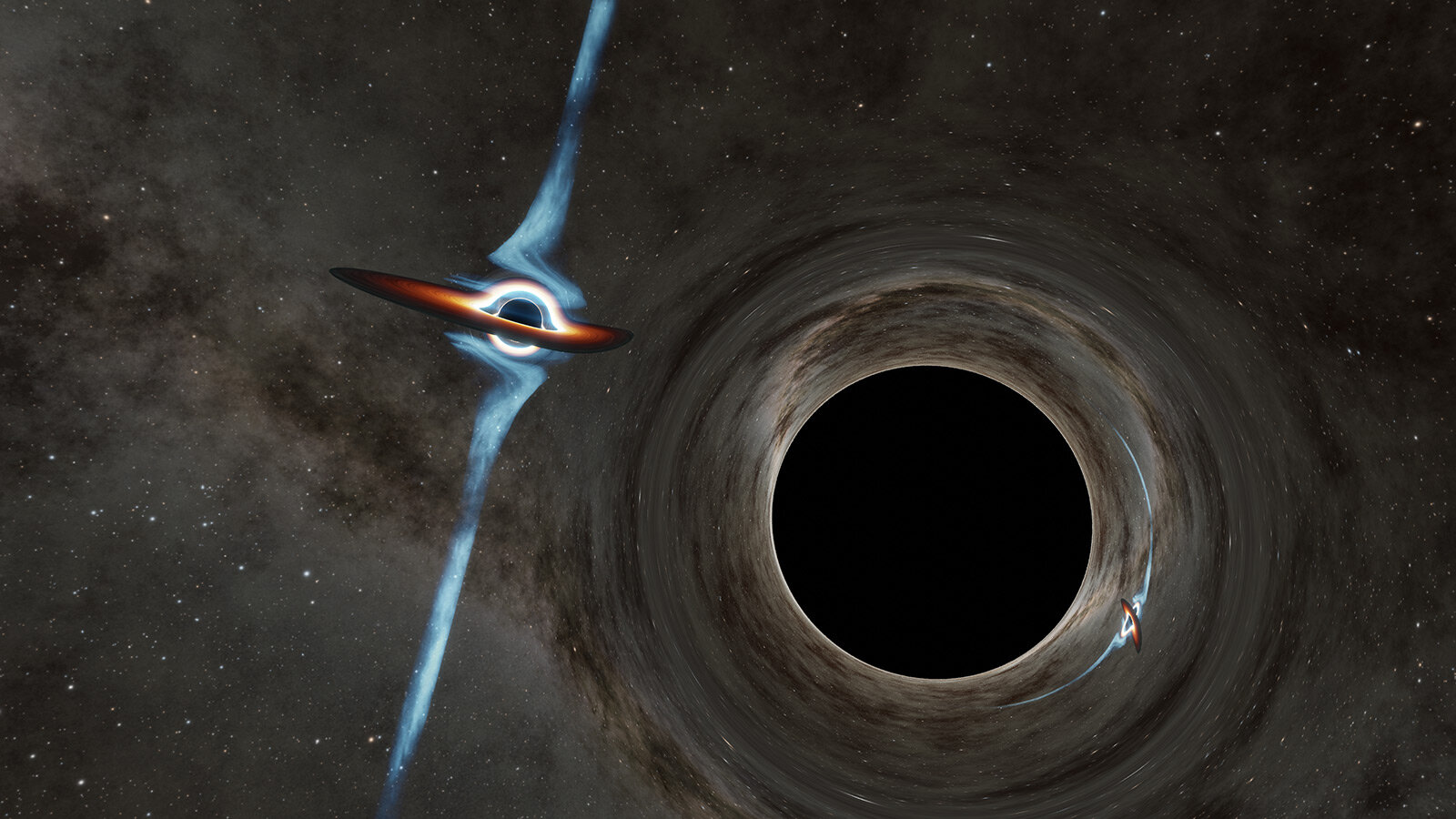 Рисунок художника показывает двух кандидатов в сверхмассивные черные дыры в сердце квазара под названием PKS 2131-021