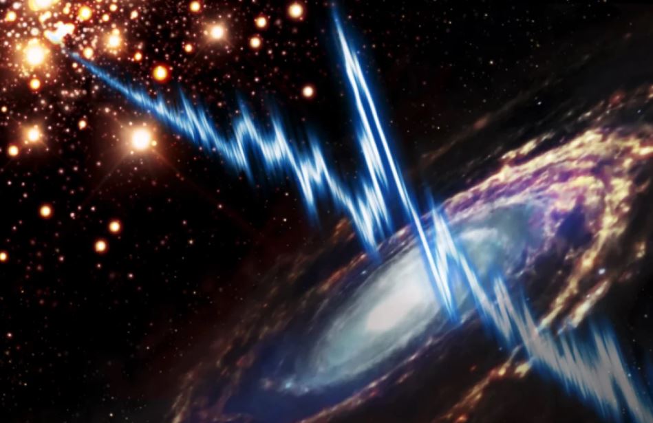Впечатление художника от быстрого радиовсплеска, исходящего от шарового скопления в галактике Мессье 81.