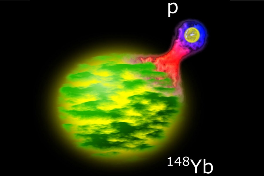 Представление художника о распаде ядра 149Lu на ядро 148Yb и протон.