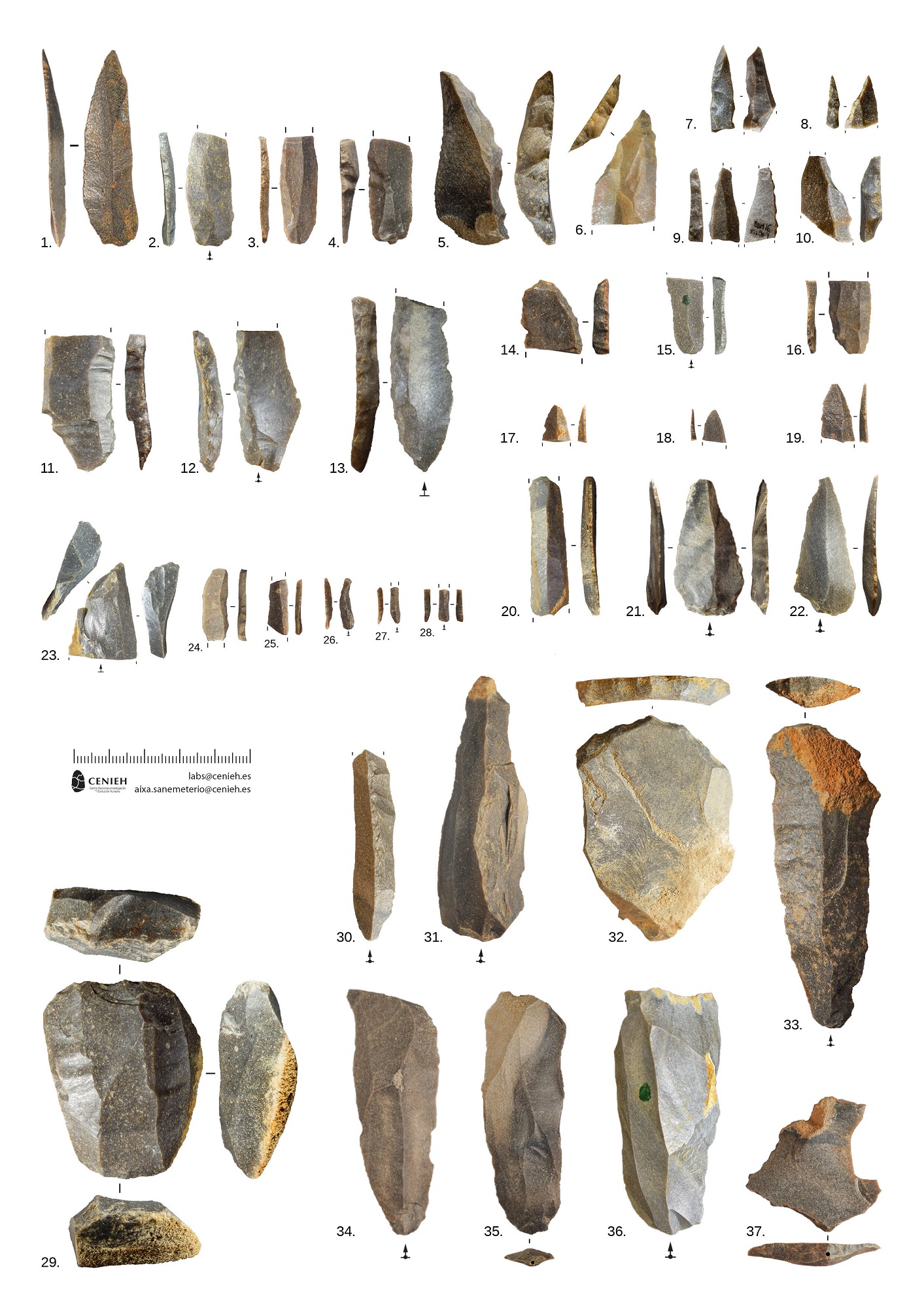 Избранные каменные артефакты из Шательперрона в Аранбальце II (Баррика, Испания).