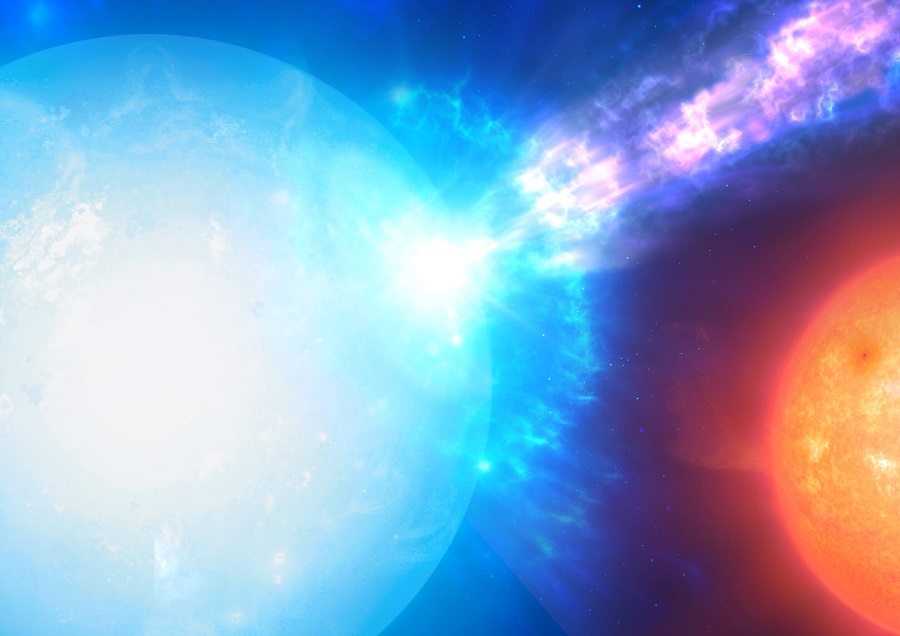 Художественное представление взрыва микроновой от основания аккреционного потока на магнитном полюсе белого карлика в двойной звездной системе