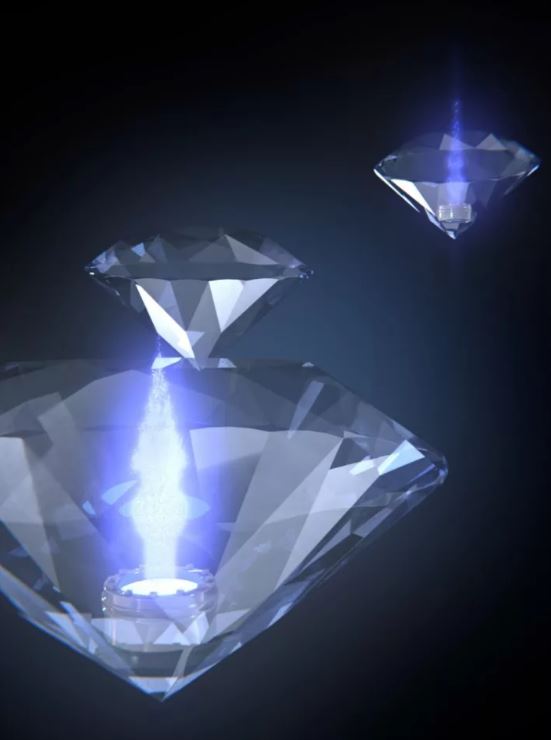 Впечатление художника от процесса квантовой телепортации, происходящего между двумя несмежными узлами, как дефекты в алмазах