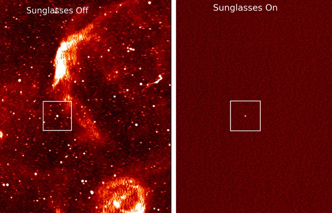 Пульсар сливается с фоном без поляризационных очков (слева), но в них отчетливо выделяется (справа).