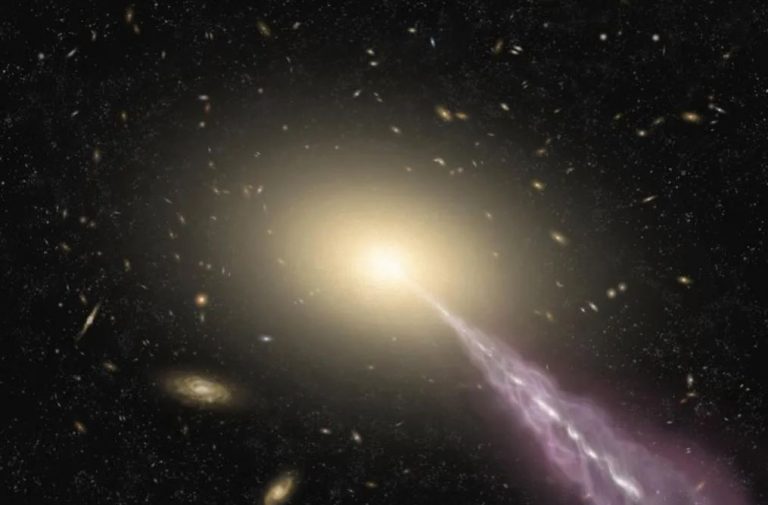 Художественное представление гигантской галактики с высокоэнергетическим джетом.