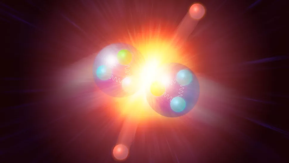 Представление художника о столкновении протонов, каждый из которых содержит верхний и нижний кварки