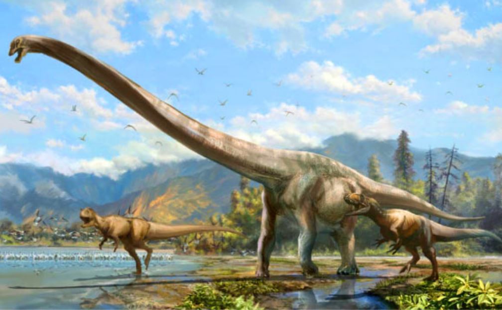 Динозавр-зауропод, которого преследуют два хищных динозавра.
