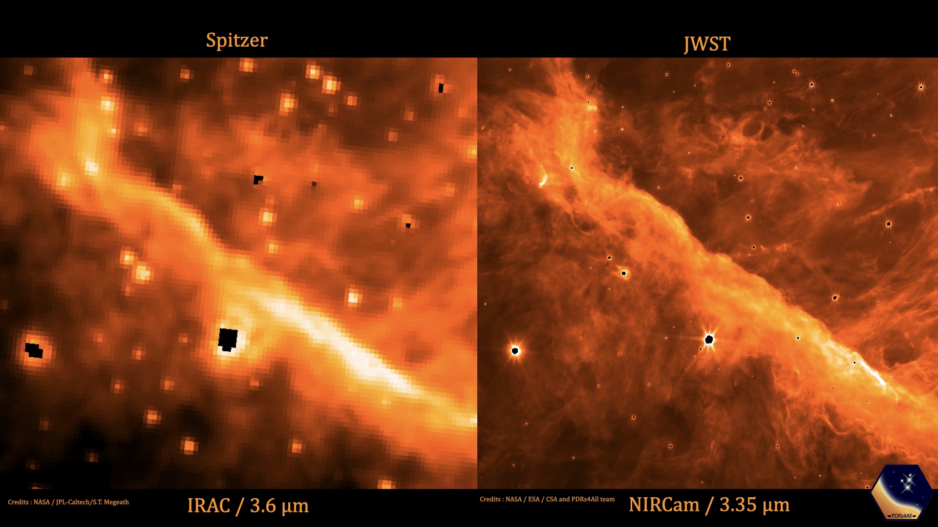 Туманность Ориона: JWST в сравнении с космическим телескопом Спитцер