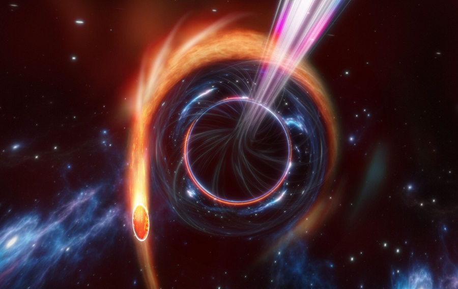 Иллюстрация черной дыры, приливно разрушающей звезду.
