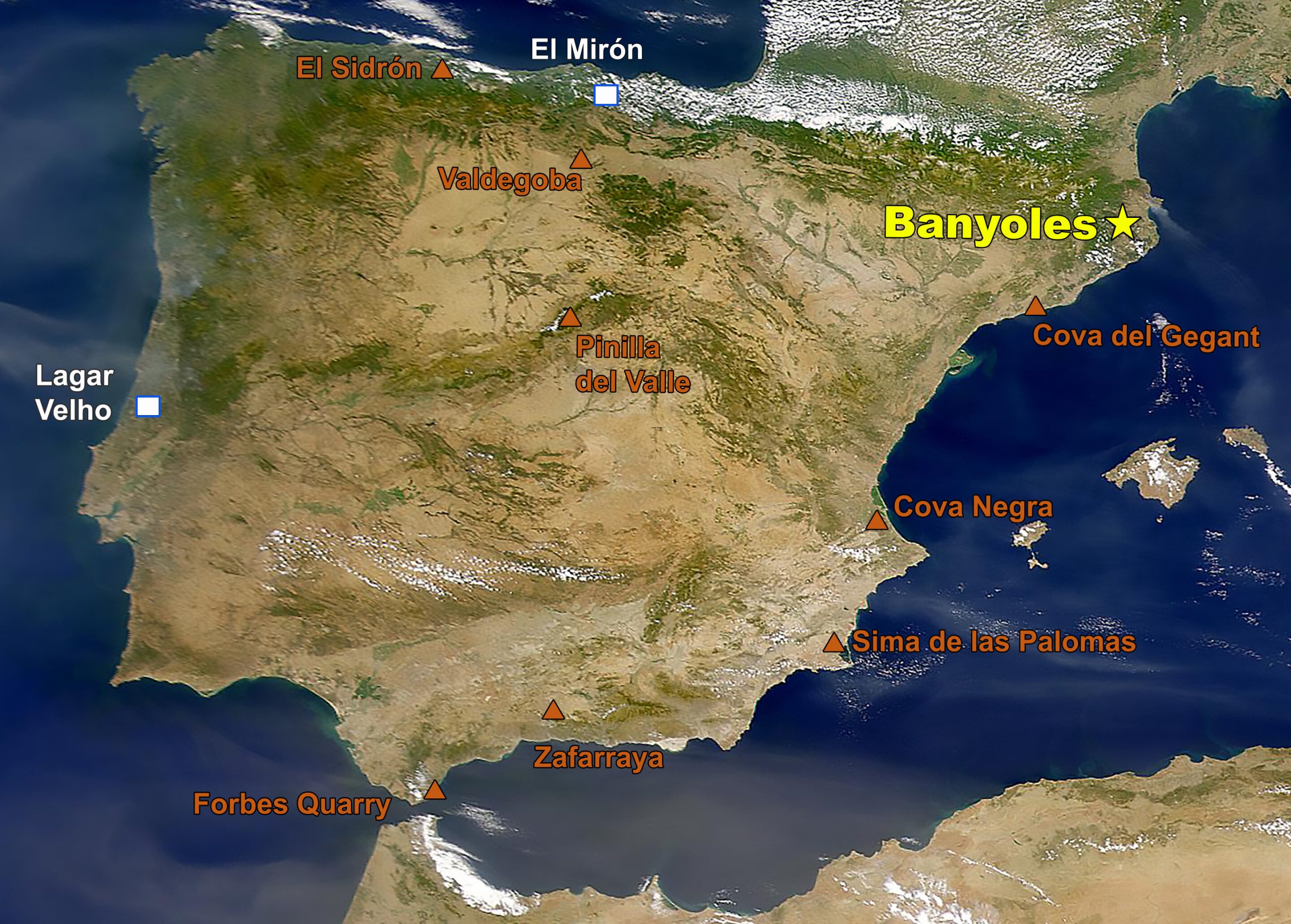 Карта Пиренейского полуострова с указанием места, где была обнаружена нижняя челюсть Banyoles 