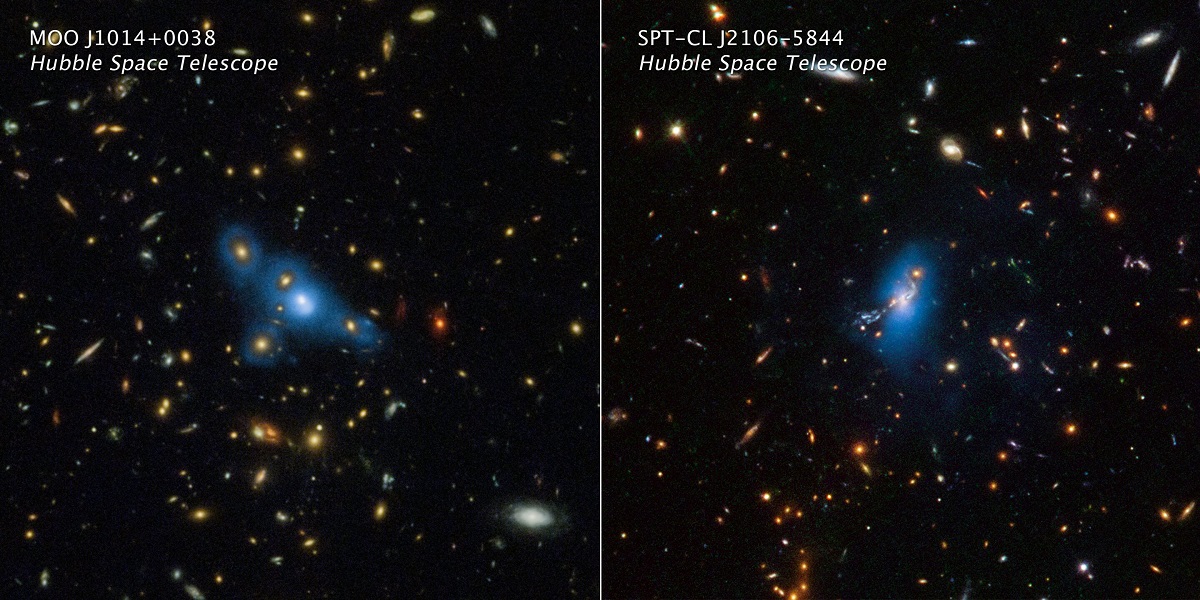 изображения двух массивных скоплений галактик MOO J1014+0038 (левая панель) и SPT-CL J2106-5844 (правая панель)