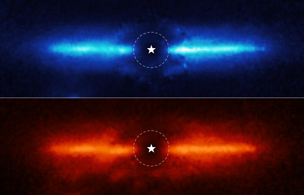 На этих двух изображениях изображен пылевой обломочный диск вокруг AU Mic