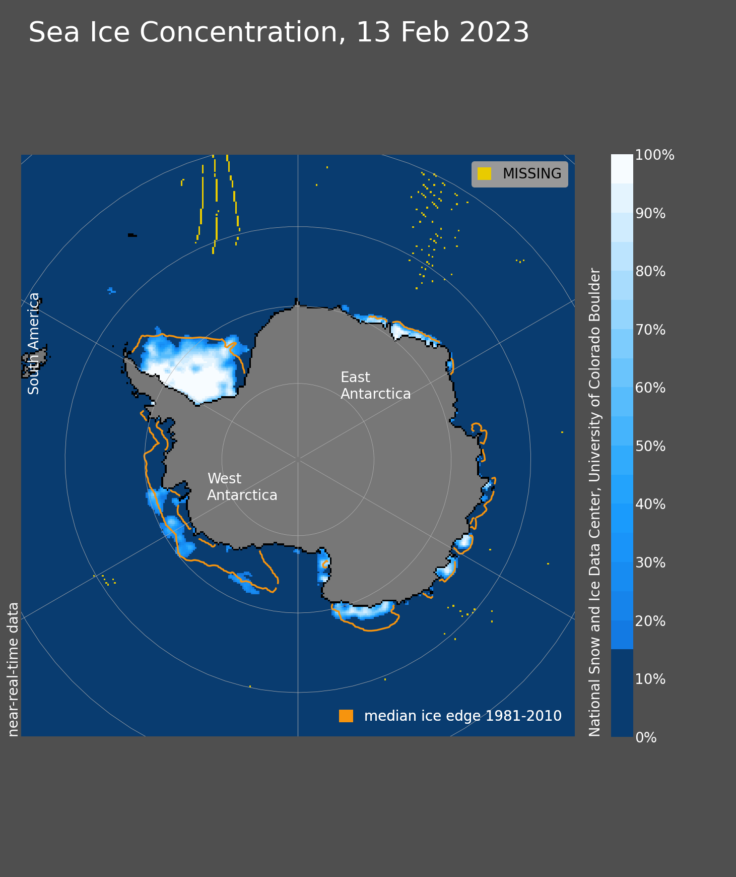 На этой карте Антарктиды показано множество областей с низкой концентрацией морского льда