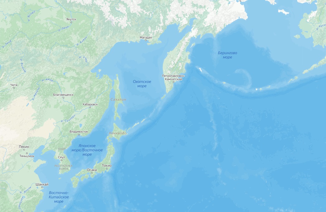 Карта, показывающая расположение различных морей в северной части Тихого океана.