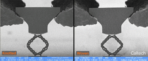 Анимированное сравнение прочности на растяжение нового материала, состоящего из узловатой формы (слева) и переплетенной формы (справа).
