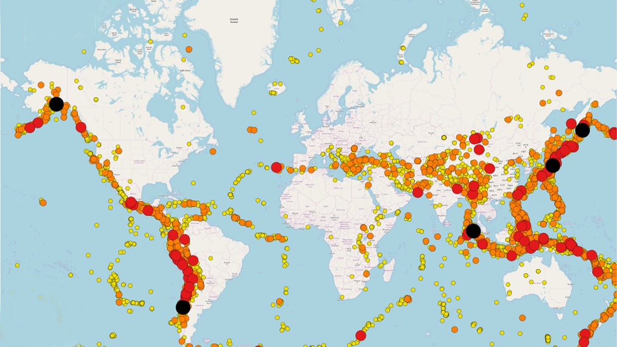 Карта землетрясений на планете с магнитудой выше 6 баллов по шкале Рихтера с 1900 по 2017 г.