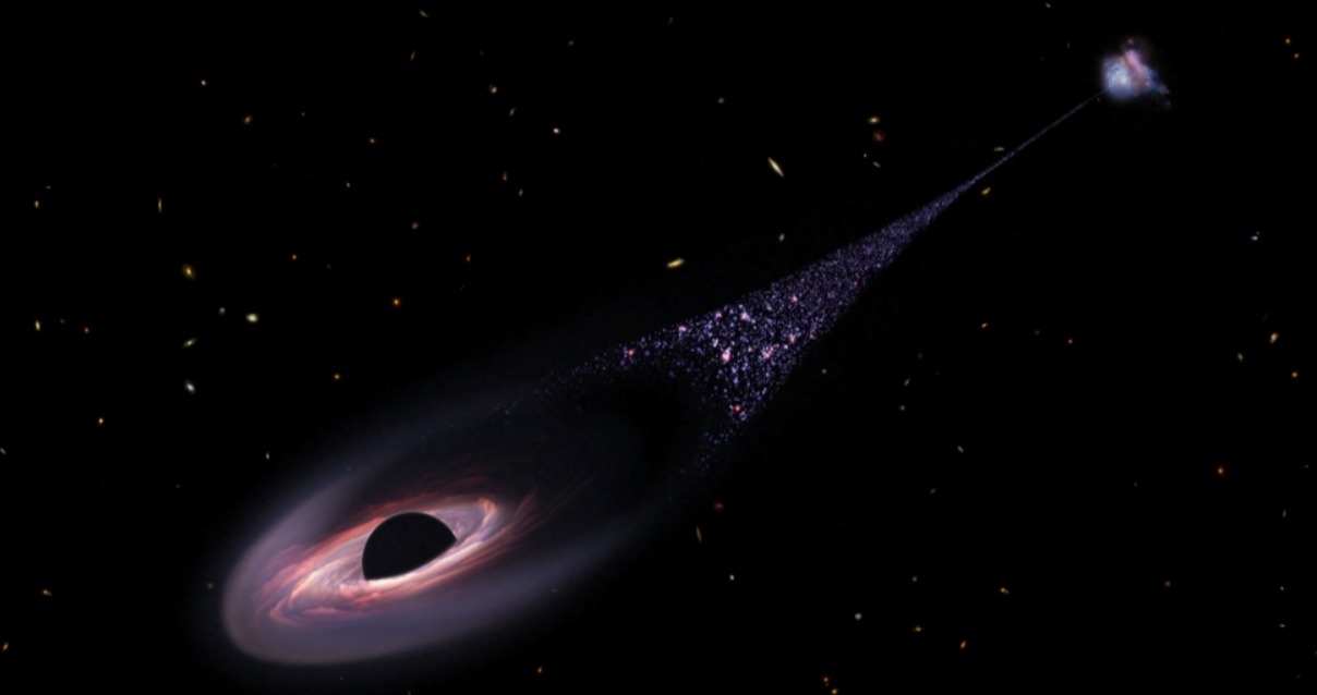 Представление художника о сверхмассивной черной дыре, выброшенной из галактики и создающей новые звезды на своем пути.