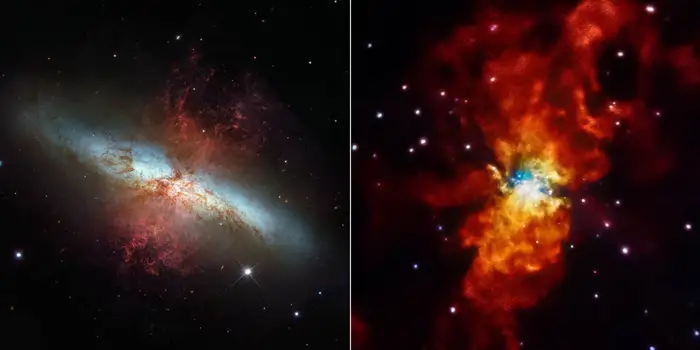 вид галактики Мессье 82 в видимом свете (слева) и в рентгеновском свете
