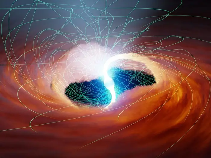 На этой иллюстрации ULX горячий газ притягивается к нейтронной звезде. Сильные магнитные поля, исходящие от звезды, показаны зеленым цветом.