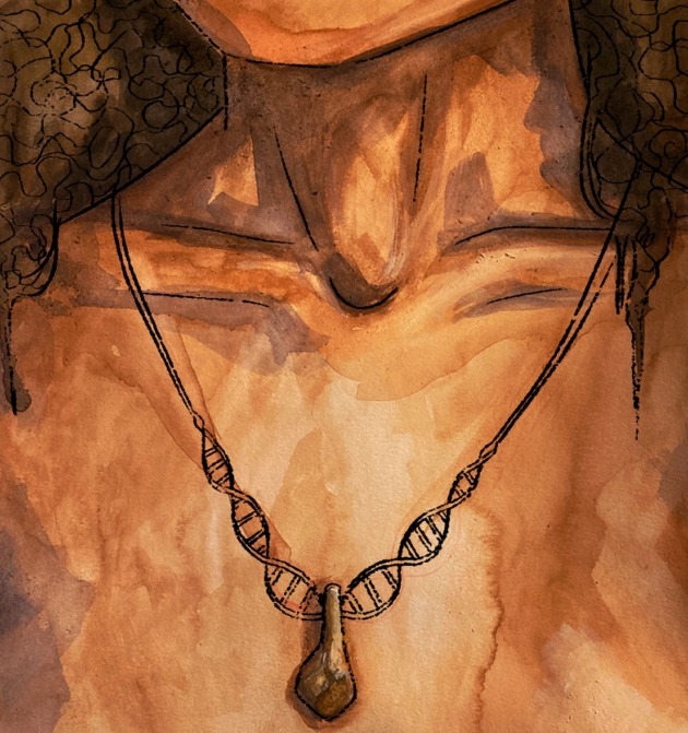 Художественное изображение ожерелья из зубов оленя, сидящего на теле, с вымышленной двойной спиралью