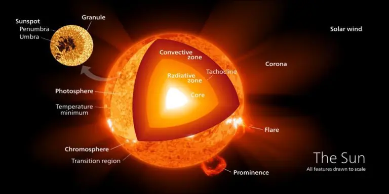 различные области поверхности и внутренней части Солнца, включая ядро