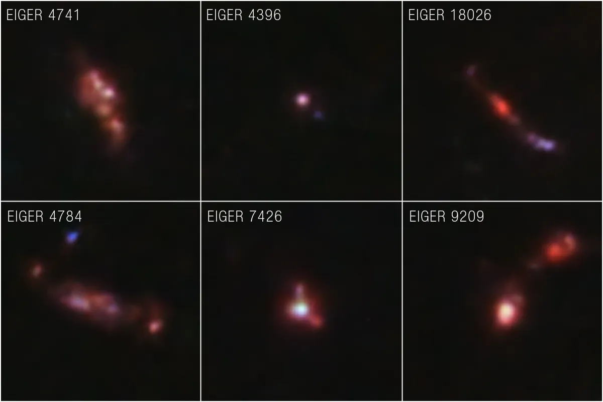 Шесть очень далеких галактик, демонстрирующих сложные невиданные ранее структуры.