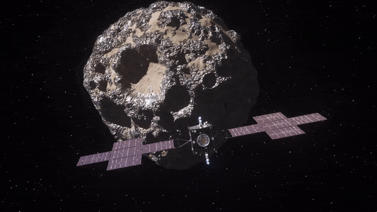 Миссия НАСА «Психея» исследует уникальный металлический астероид, вращающийся вокруг Солнца между Марсом и Юпитером.