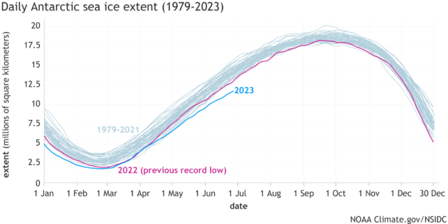 Временной ряд площади морского льда с 1979 по 2023 год 