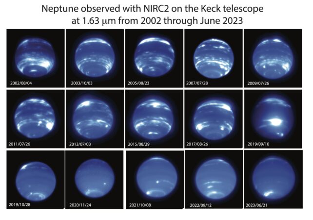 Наблюдения телескопа Кека за Нептуном в ближнем инфракрасном диапазоне с 2002 года