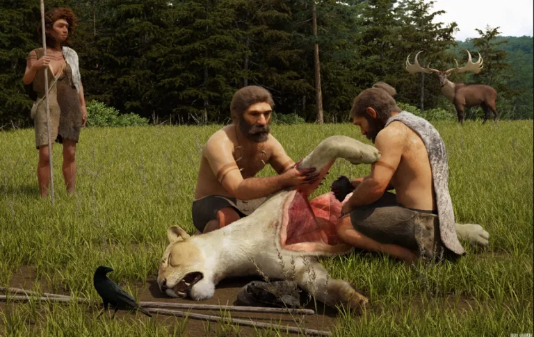 неандертальцы разделывают только что убитого ими пещерного льва