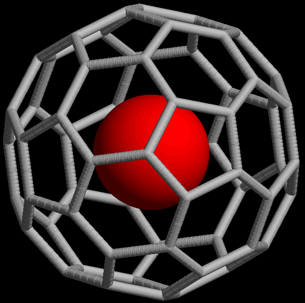 Художественное изображение атома благородного газа, заключенного в молекулу бакминстерфуллерена (C60)