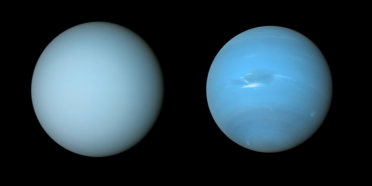 Космический аппарат «Вояджер-2» запечатлел эти виды Урана (слева) и Нептуна (справа) во время облетов планет в 1980-х годах