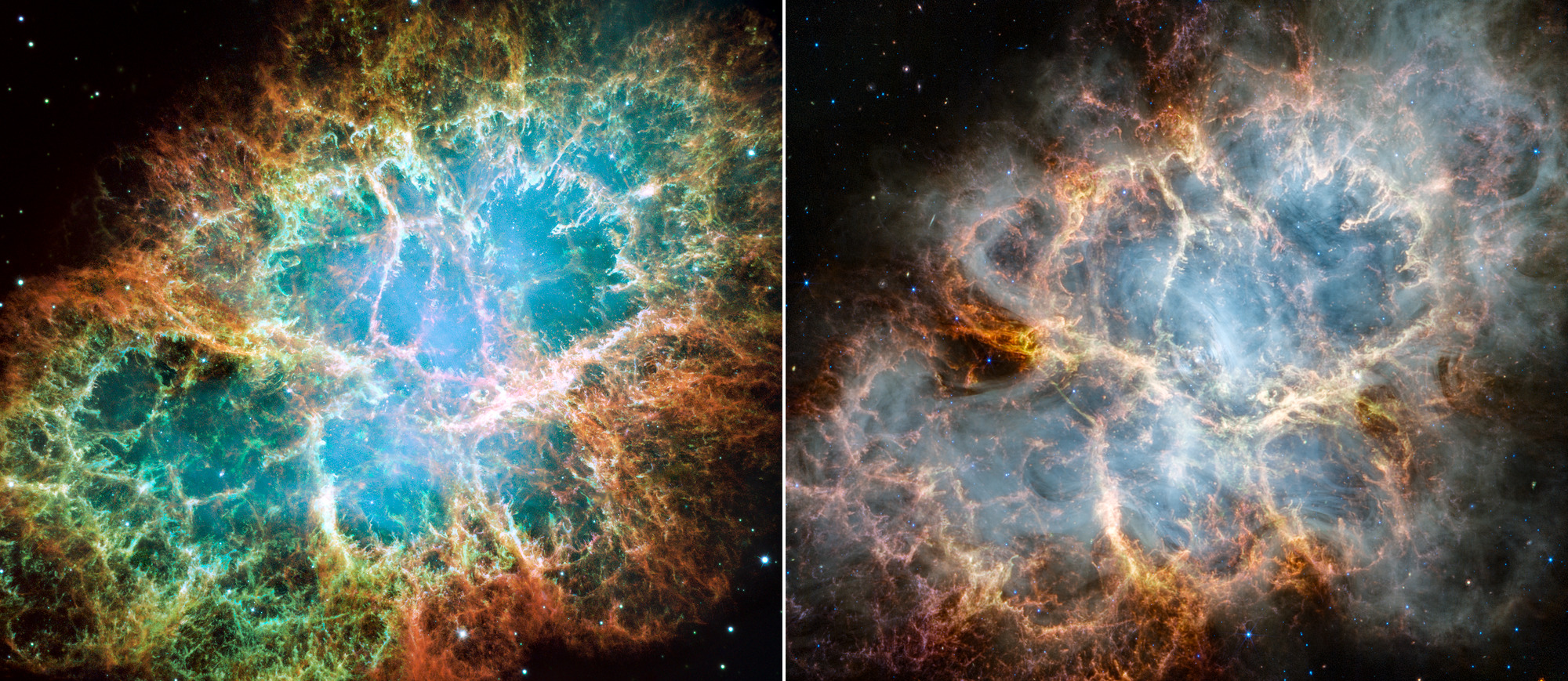 Параллельное сравнение Крабовидной туманности, видимой космическим телескопом Хаббл в оптическом свете (слева) и космическим телескопом Джеймс Уэбб в инфракрасном свете (справа). 