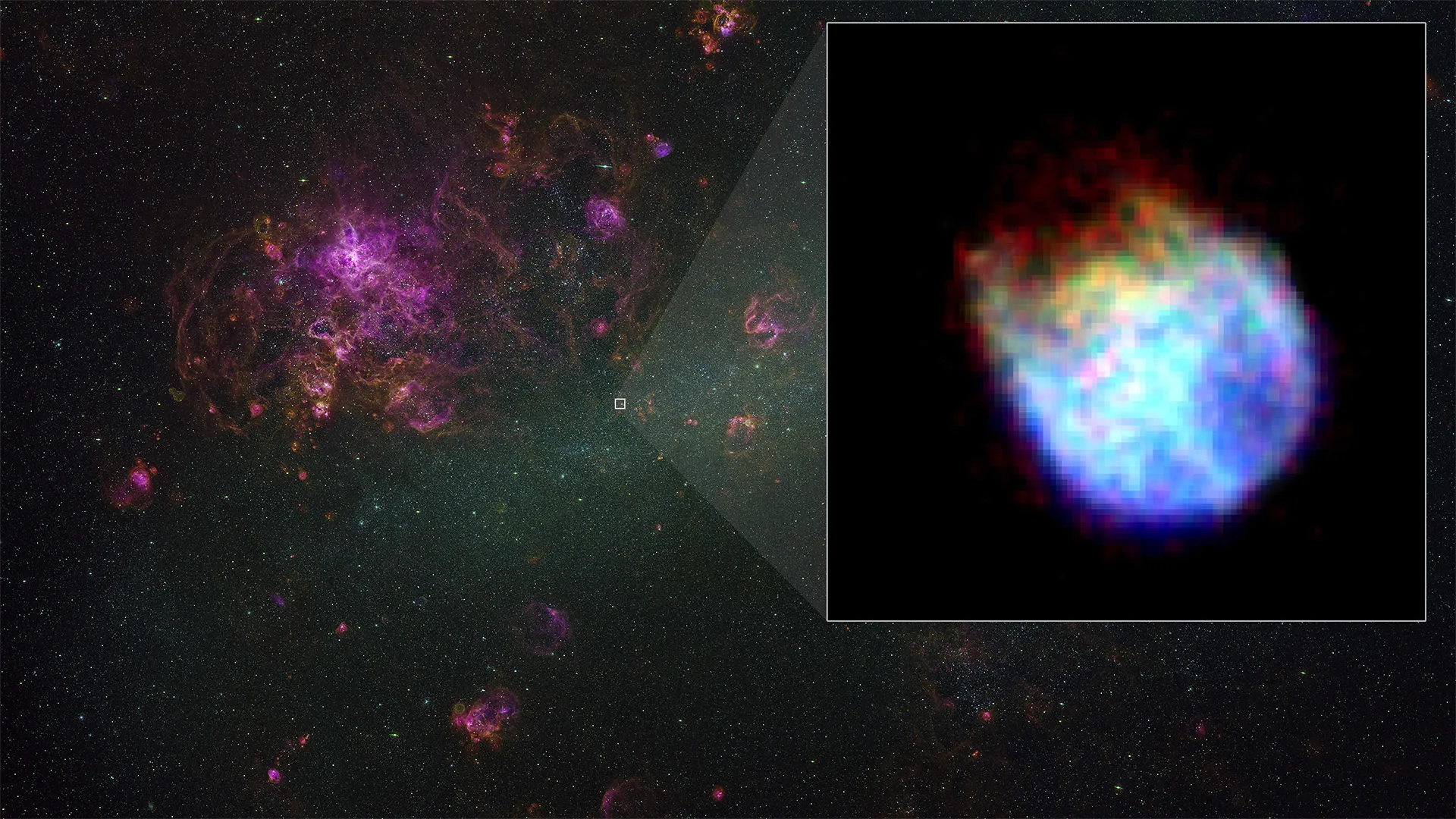 На этом рисунке показано Большое Магелланово Облако с рентгеновским изображением остатка сверхновой N132D на вставке.