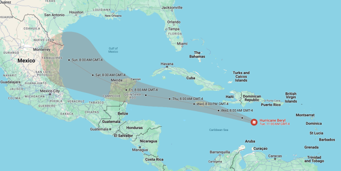 Карта урагана Берилл по состоянию на 2 июля 2024 года