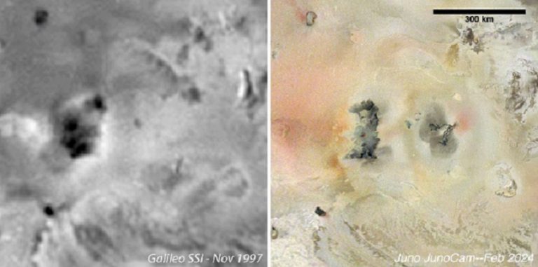 Параллельное сравнение снимков космического аппарата Galileo, сделанных в ноябре 1997 года (слева), с данными JunoCam того же района, полученными в феврале 2024 года