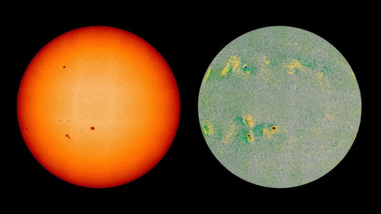 Солнечный диск в видимом свете и магнитная карта фотосферы.
