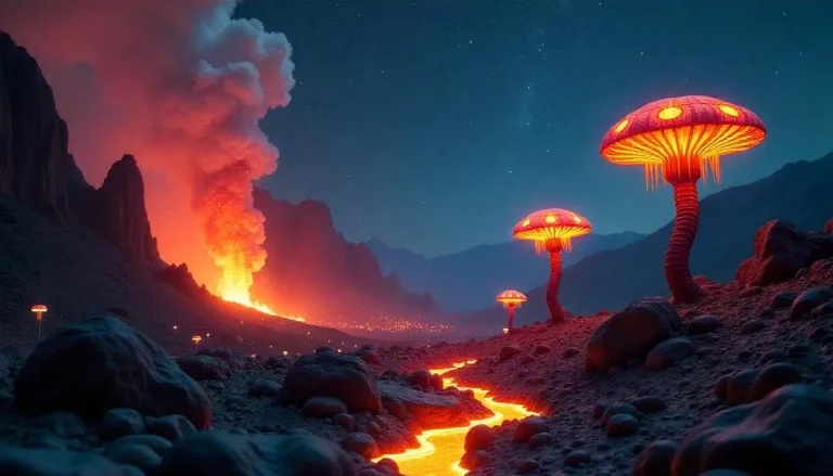 Поверхность экзопланеты, на которой извергаются вулканы, на планете растут внеземные растения