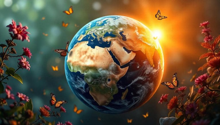 Детальный, фотореалистичный рендер планеты Земля, на котором видны Европа и Африка и окружающие их океаны. Планета окружена разноцветными растениями и бабочками и светящимися световыми эффектами, создающими фантастическую и сказочную атмосферу.