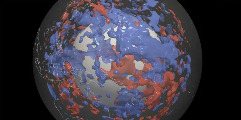 Используя новую модель, исследователи обнаруживают зоны в нижней мантии Земли, где сейсмические волны распространяются медленнее (красный) или быстрее (синий)