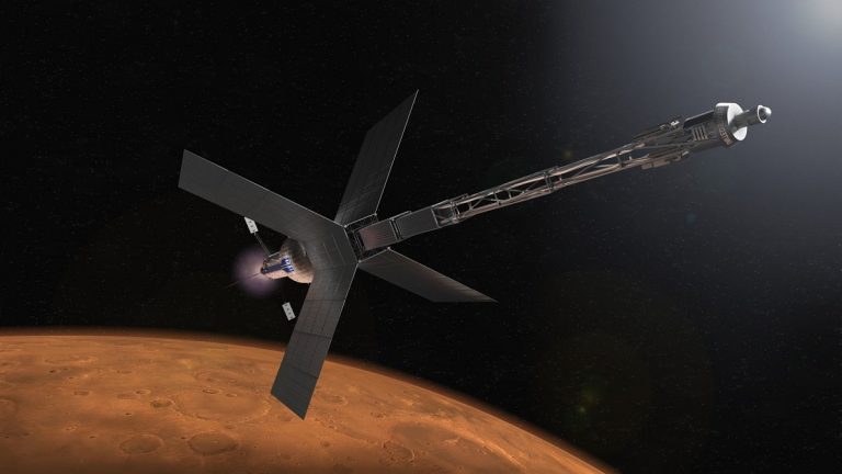 Иллюстрация космического корабля с ядерной двигательной установкой, который однажды сможет доставить людей на Марс.