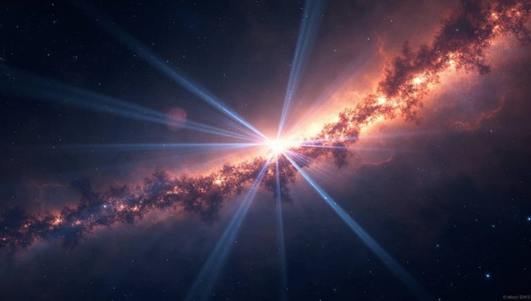 Космический пейзаж, где сквозь туманность мерцают потоки заряженных частиц