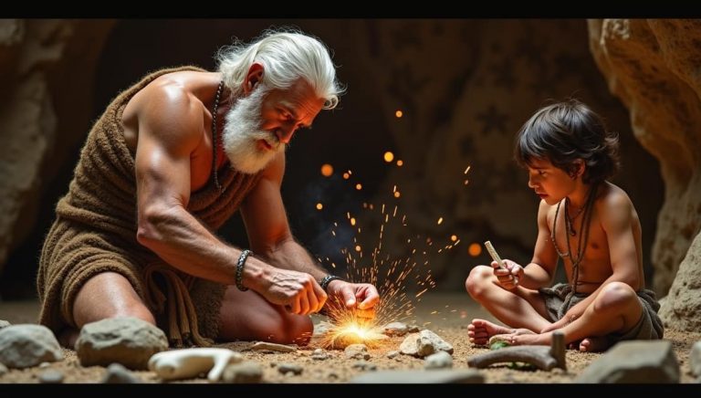 сцена из каменного века, изображающая передачу знаний между поколениями