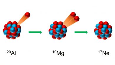 Иллюстрация трёхпротонной эмиссии алюминия-20.