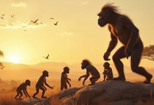 Палеоантропологическая реконструкция группы австралопитеков (Australopithecus afarensis) в саванне