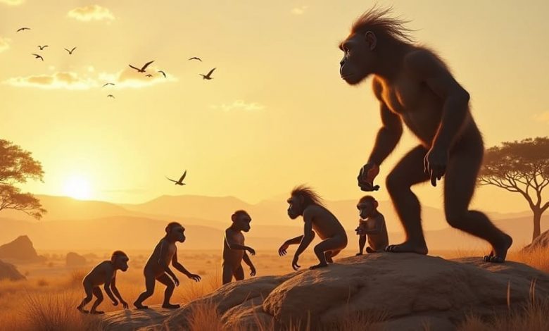 Палеоантропологическая реконструкция группы австралопитеков (Australopithecus afarensis) в саванне