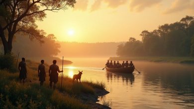 группы земледельцев эпохи неолита и охотников-собирателей на берегу реки в древней Европе.