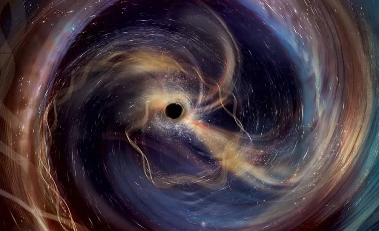 Художественное изображение вращающейся звенящей чёрной дыры.